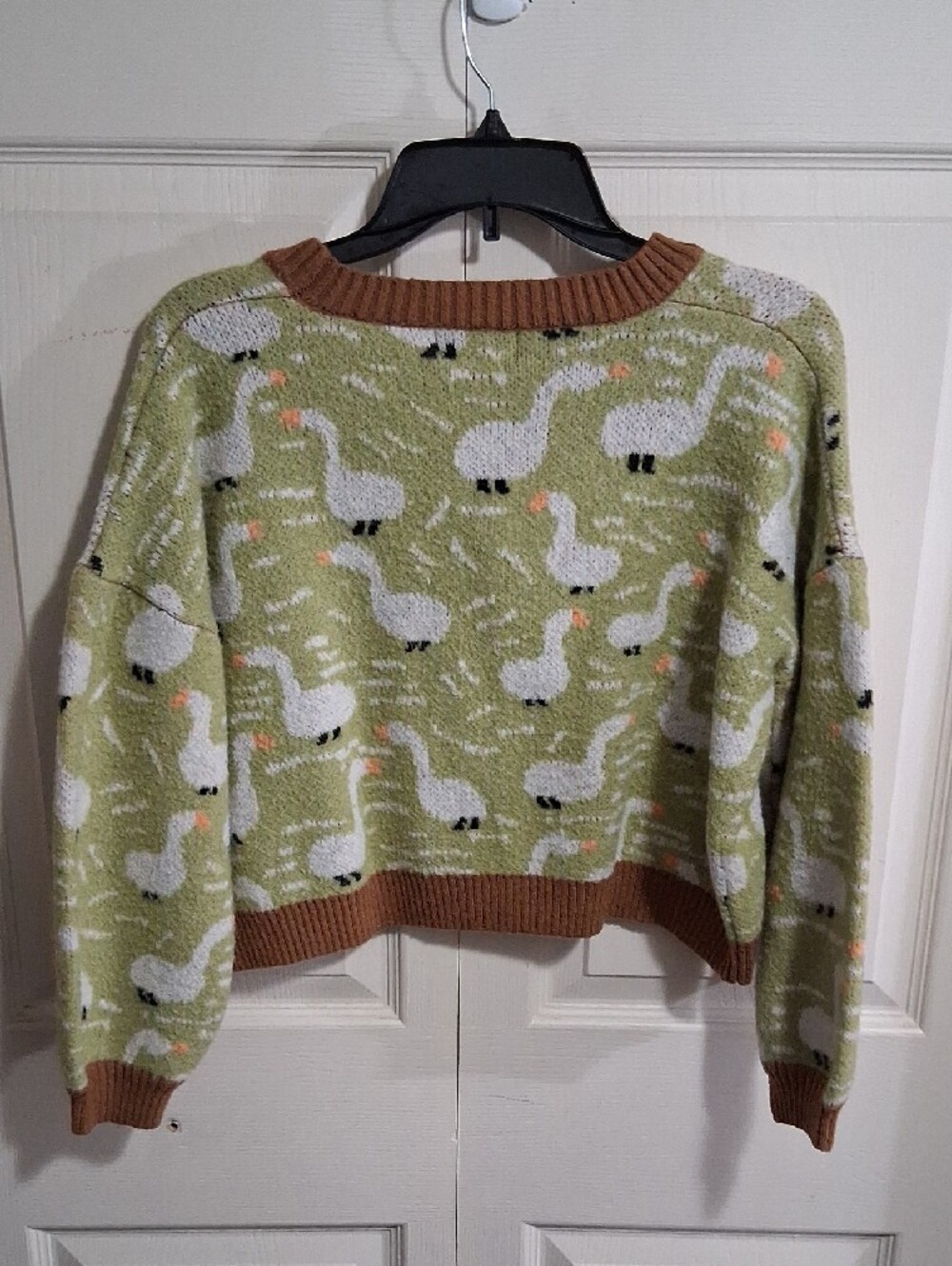 Cider Light Green Swan-Print V-Neck Cropped Cardigan with Brown Ribbed Trim - S - Picture 3 of 4